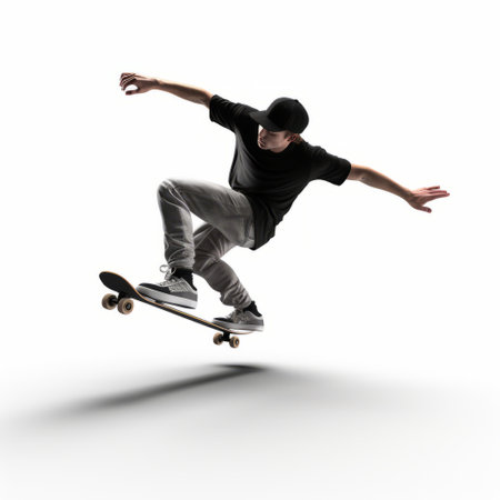 a young man on a skateboard performs a trick in the style of physically based rendering. the image, reminiscent of esteban vicente's uniformly staged images, features high-key lighting and realistic rendering. the high-angle shot captures the dynamic movement and skill of the skateboarder. ai generatedの素材