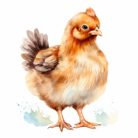 watercolor chicken isolated graphic featuring a cute and colorful depiction of rural life. this isolated chicken mascot, created in the style of peter mohrbacher, rupert bunny, and meghan howland, showcases life-like avian illustrations in light orange and brown tones. perfect for adding a touch of whimsy to your designs or projects. ai generatedの素材