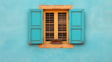 an old blue building with open windows and blue shutters, showcasing the precisionist style. the turquoise and amber hues highlight the use of traditional techniques and craftsmanship, employing natural materials. the light orange and sky-blue tones create a captivating contrast, reminiscent of a lightbox. ai generatedの素材