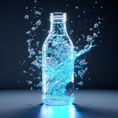 a glass bottle with water spilling, rendered in cinema4d, showcasing a captivating blend of dark cyan and light azure hues. this pop culture-inspired imagery combines advertising art with digital art techniques, resulting in a mesmerizing sparklecore aesthetic. the photo-realistic rendering brings out the intricate details of the water droplets and the bottle's texture. ai generatedの素材