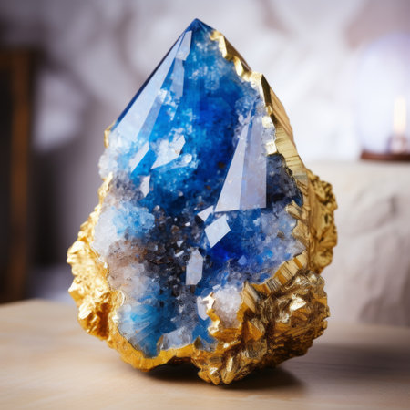 blue apatite gemstone on gold jewelry stand, intense and dramatic lighting, light-filled landscapes, crystals, dark yellow and blue, grandiose interiors, mystical theme, sharp attention to detail. ai generatedの素材