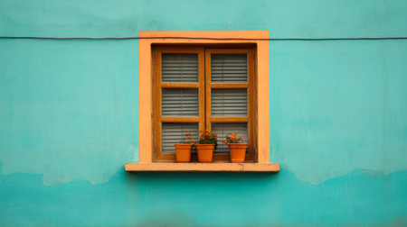 orange flower pots in traditional mexican style hang outside a window, with light turquoise and dark sky-blue hues. this high-quality uhd image showcases sparse use of color, giving off a cabincore vibe with a touch of bauhaus influence. keywords: orange flower pots, mexican style, turquoise, sky-blue, uhd image, cabincore, bauhaus. ai generatedの素材