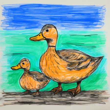 "mommy duck and duckling in watercolors on paper, dark orange and cyan opt art style, caricature-like figures, chalk art, bay area figurative art, animal depiction on wood.", ai generatedの素材