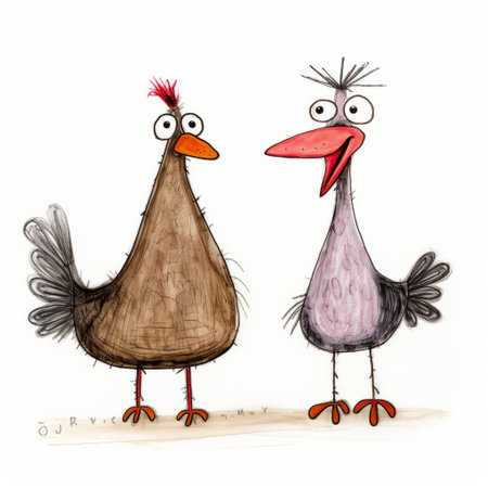 two chickens in contemporary turkish art style, with soft watercolors in dark brown and pink. the illustration by pierre pellegrini features humorous and whimsical elements, including spiky mounds. this artwork is reminiscent of a whimsical children's book illustration. ai generatedの素材