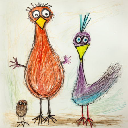 child's drawing of a bird and a frog in dark orange and purple, captured with a nikon d750. the childlike figures and spiky mounds showcase inventive character designs reminiscent of picasso's quirky portraits. ai generatedの素材