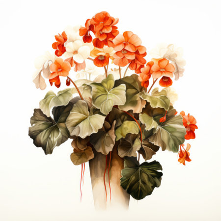 begonia illustration on a white background, featuring aquarellist techniques and spectacular backdrops. this art of tonga showcases ceramic elements in emerald and brown tones. enjoy this high-quality, watermark-free, and uhd image for your creative projects. the picture is 300 dpi, ensuring sharpness and clarity, with no text within the artwork. the typography is thoughtfully arranged, and shapes seamlessly blend together against the white background. aiの素材