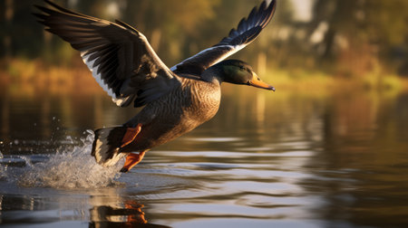 a stunning hd wallpaper featuring a flight of ducks captured in the style of dark green and orange. the softbox lighting enhances the details of the ducks against a backdrop of gray and bronze tones. the hyper-realistic water adds depth to the image. taken with a canon eos 5d mark iv by the talented photographer adrianus eversen, the photo has been cross-processed for a uniqueの素材
