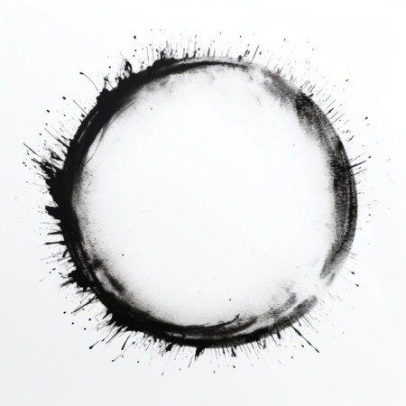 an emotionally-charged ink circle with white spots brush splatter texture, inspired by the style of ryohei hase and influenced by zen buddhism. this illustration showcases asymmetrical framing and bold calligraphy, while maintaining a minimalistic symmetry. the artwork captivates with its expressive and dynamic brushstrokes. ai generatedの素材