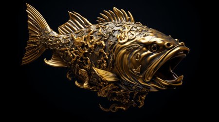 an ornate 3d fish shape, inspired by ancient chinese art and filthy sculptures. this realistic and hyper-detailed rendering showcases intricate gold accents. captured in a photographically detailed portraiture style, it comes to life in 32k uhd resolution with the power of unreal engine 5. ai generatedの素材
