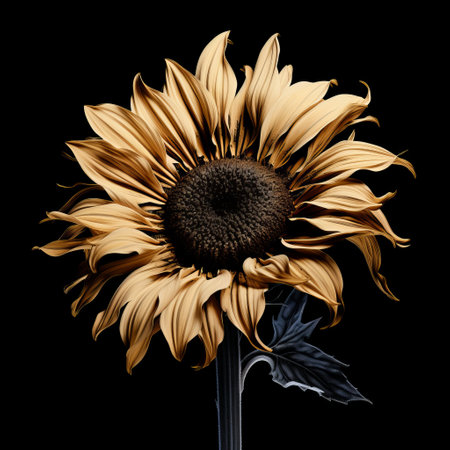 watercolor sunflower with leaves on a black background, hyper-realistic sculptures, dark bronze, light black, photographically detailed portraitures, minimalistic compositions, surrealistic distortions, 32k uhd, fanciful surrealism, touch of humor. ai generatedの素材