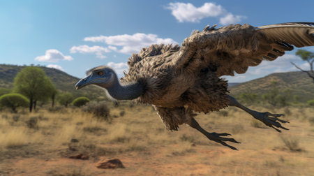 a majestic bird soars through the sky, resembling a bald eagle. rendered in unreal engine, its wings glisten with hues of desertwave, dark silver, and blue. influenced by africa, this breathtaking scene showcases 32k uhd quality. experience calculated movements, dynamic visuals, and an action-packed atmosphere that will leave you captivated. ai generatedの素材