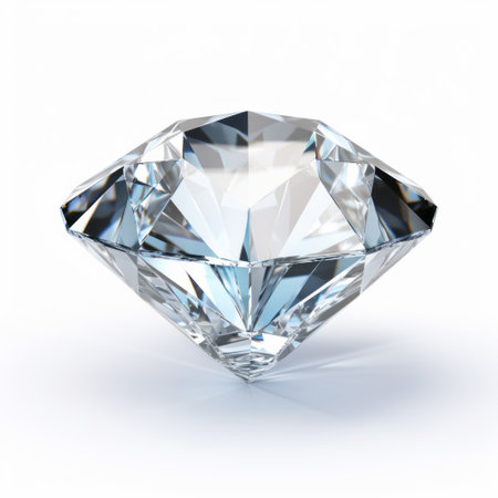 blue crystal diamond isolated on white, captured in meticulous photorealistic still life style with back button focus. the elegant and emotive face of the diamond plays with light and shadow, showcasing its streamlined design. this jewelry piece is a stunning example of the artistry of painters and sculptors. keywords: blue crystal diamond, isolated, white background, photorealistic, back button focus, light and shadow, elegant, emotive, jewelry,の素材