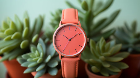 Wrist watch with artificial succulent plant in pot, time management conceptの素材