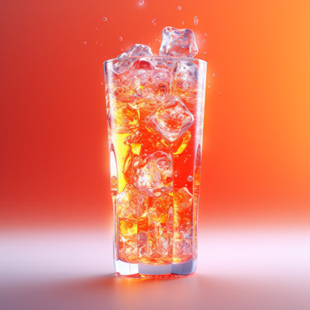an orange drink with ice cubes is depicted in a realistic hyper-detailed rendering. the glass reflects light with a silvery gleam, while the vibrant orange shade contrasts beautifully with hints of crimson. this visually stunning image, created by marcin sobas using cryengine, captivates with its lively and exciting texture. ai generatedの素材