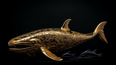 golden whale sculpture rendered in gold, inspired by the artistic style of sergio toppi. this stunning piece features intricate engraved ornaments and meticulous linework precision. captured with the samyang af 14mm f2.8 rf lens, the 32k uhd image showcases the exquisite details of this masterpiece by kenro izu, reminiscent of the renowned dau al set movement. ai generatedの素材