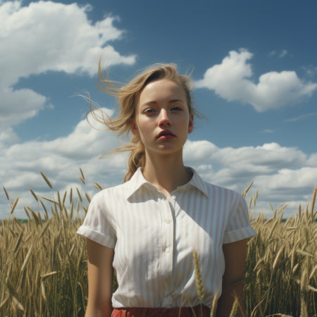 a wheat field captured through the lens of a voigtlander heliar 15mm f45, in the style of modernism-inspired portraiture. this 8k 3d photograph by kitty lange kielland showcases the honest portrayal of light, with shades of white and red. robert bechtle's influence is evident in this captivating image. ai generatedの素材
