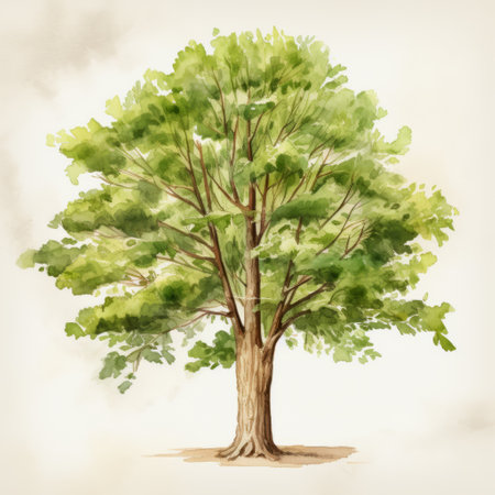 watercolor hand painting of an old oak tree isolated on white. style: light green and beige, detailed character illustrations, realistic still lifes with dramatic lighting. keywords: illustration, mid-century illustration, sketchfab, muted colorscape mastery. ai generatedの素材