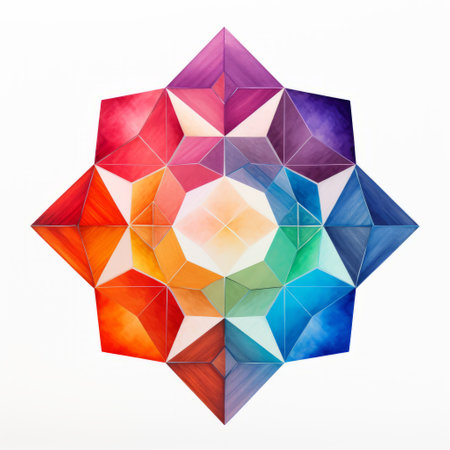 artwork: this stunning piece features a vibrant star design created with an illusory gradient technique. the multifaceted geometry adds depth and complexity to the piece, while the white background allows the colors to pop in a realistic palette. the balanced proportions are reminiscent of the work of mandy disher and sana takeda. ai generatedの素材