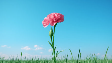 red flower in a field of green grass under a blue sky, with a light pink and pink color scheme. this uhd image captures a minimalistic sophistication and playful innocence, perfect for the barbiecore aesthetic. created in the style of zbrush and available on flickr. ai generatedの素材