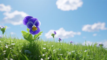 cloudy summer sky with a high-quality free wallpaper featuring a 1920x1080 resolution. this captivating image showcases a beautiful blue pansy, rendered in the style of unreal engine. the flower and nature motifs are brought to life with forced perspective and photorealistic rendering. captured using the zeiss batis 18mm f2.8 lens, this digitally enhanced wallpaper exhibits vibrant use of light, ai generatedの素材
