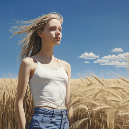 a girl stands in a wheat field, captured in hyperrealistic and photorealistic style. the image showcases a realistic blue sky backdrop, with modernism-inspired portraiture. the rendering is incredibly detailed, with an 8k resolution, highlighting the beauty of australian landscapes. the photo exudes youthful energy. ai generatedの素材
