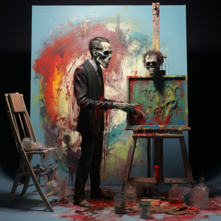 a figure stands beside a surrealistic horror painting, showcasing the distinct style of color splash and skeletal elements reminiscent of artists like patrick brown. the traditional oil-painting techniques bring out the expressive characters in the artwork, creating a captivating and haunting atmosphere. dima dmitriev's influence is evident in the composition. ai generatedの素材
