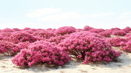 field of beautiful flowers against a blue sky, rendered in the style of zbrush. the hyperrealistic rendering showcases highly detailed foliage in magenta, creating a site-specific installation. the konica big mini captures the desertwave aesthetic in this stunning image. ai generatedの素材
