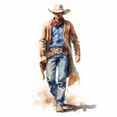 cowboy with gun in realistic watercolor style, stylish costume design, full body fashion illustration, precisionist art, concise brushwork techniques, strong facial expression. ai generatedの素材