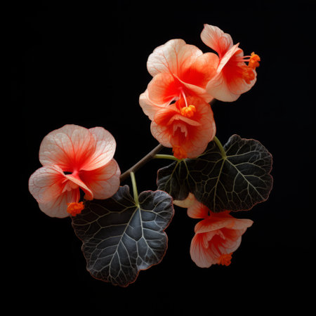 pink ficus flower on a white surface, featuring a dark black and orange color scheme. the surreal still life composition showcases delicate flowers against a black background, reminiscent of japanese renaissance art. captured with the goerz hypergon 65mm f8 lens, this image exudes a renaissance-inspired chiaroscuro effect. ai generatedの素材