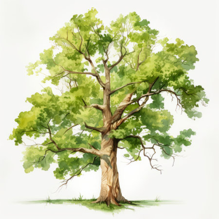 a large tree depicted in a watercolor design, showcasing detailed character illustrations with flat shading. this highly realistic illustration incorporates elements of transparency and opacity, creating a captivating visual experience. ai generatedの素材