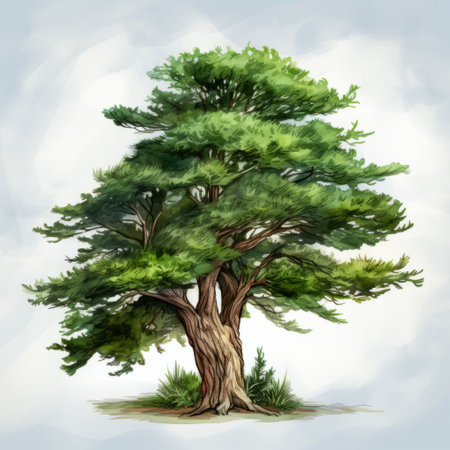 a tree painting with leaves on a gray background, featuring detailed character design and realistic watercolors. the style is reminiscent of storybook illustrations and 2d game art, while the timber frame construction adds a touch of functionality. the color scheme is realistic and natural. keywords: tree painting, leaves, gray background, character design, watercolors, storybook illustrations, 2d game art, timber frame construction, realistic colors. ai generatedの素材