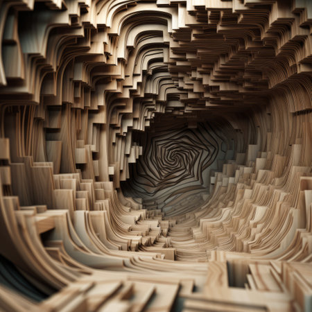 a 3d animation showcases a mesmerizing vortex composed of geometric shapes and wooden blocks. the design draws inspiration from eroded interiors, topographic photography, and the precisionism movement. the animation features layered textural surfaces, spirals, curves, and ambiguous spaces, creating a visually captivating experience. ai generatedの素材