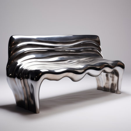 a stainless steel bench with a wave pattern, featuring dramatic lighting and a futuristic victorian style. this contemporary ceramic piece, rendered in maya with vray, captures suburban ennui with its melting effect. ai generatedの素材