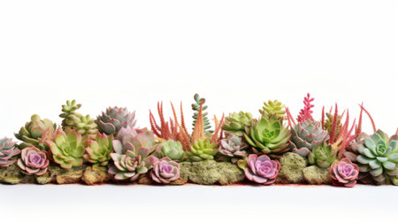 a large plate of succulents in various colors, in the style of panoramic scale, light green and pink, minimal retouching, 32k uhd, juxtaposed elements, white background, spiky mounds. ai generatedの素材