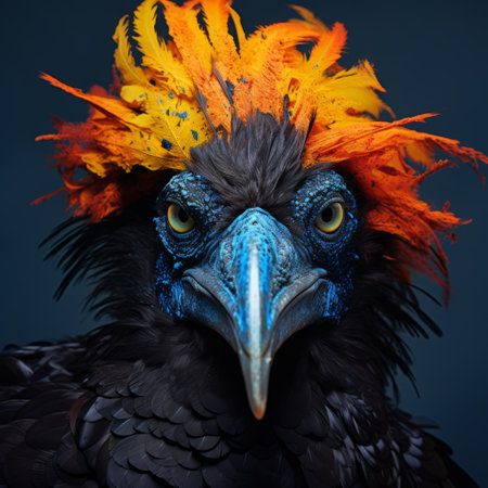 a vibrant and striking portrait of a feathered bird showcasing bold and colorful tones. this photobashing masterpiece captures the essence of dinocore with its dark black and amber hues, evoking a captivating atmosphere. inspired by the dusseldorf school of photography, this image displays inventive character designs juxtaposed against a dark sky-blue backdrop, beautifully enhanced by accents of vibrant orange. ai generatedの素材