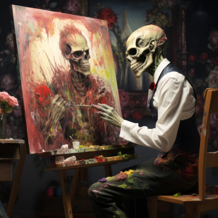 a man painting a skeleton with red paint, creating a realistic yet impressionistic artwork. this daz3d image showcases flowerpunk aesthetics and wealthy portraiture. the portrait painting captures the essence of absinthe culture, illuminated by studio light. ai generatedの素材