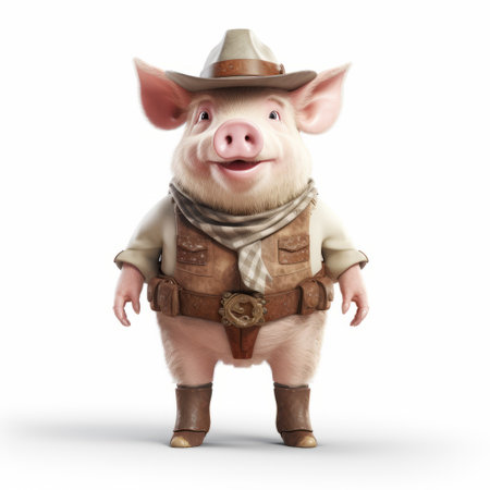 pigeon in boots and cowboy costume stands in light pink and beige setting. 3d rendered in cinema4d, this characterful animal portrait exudes adventure with a strong facial expression. the firecore and ivory tones add to the captivating, themed aesthetic. ai generatedの素材