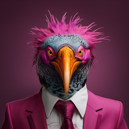 a man in a pink suit and a bird with a blue beak are depicted in this vibrant conceptual portraiture photo. the contrasting colors of the zbrush artwork create a striking visual impact. this corporate punk-inspired image captures the essence of uniqueness and creativity. shot on kodak ektar film, the dark magenta and gray tones add depth to the composition. the inclusion of exotic birdsの素材