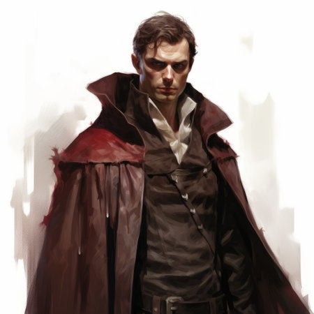 a man in a red coat and hat holds an umbrella in this artgerm-inspired, gothcore photograph. the dark crimson and brown tones add a touch of mystery, reminiscent of the style of frank holl. the rough clusters and detailed character illustrations create a captivating historical illustration. ai generatedの素材