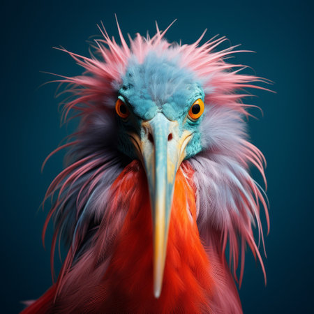 a striking photograph of a big bird head featuring a vibrant blue beak and a unique bird-shaped hairstyle. captured in the style of ultraviolet photography, the image showcases a combination of dark pink and light aquamarine tones. this hyperrealistic wildlife portrait stands out with its minimal retouching, highlighting gaudy and grotesque elements. the photo's hyper-realistic details make it reminiscent of a national geographic masterpiece. aiの素材