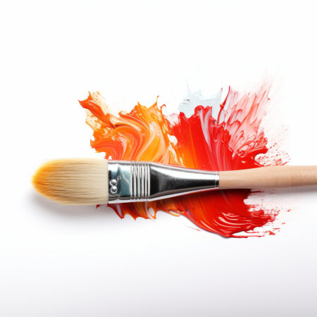 a paint brush splashed with colorful paint, showcasing a captivating blend of light gray and orange. the eye-catching detail of this image is enhanced by the contrasting hues of light amber and crimson. the unpolished authenticity of the brush adds to its charm, while the precise and lifelike strokes tell a creative story with exacting precision. ai generatedの素材