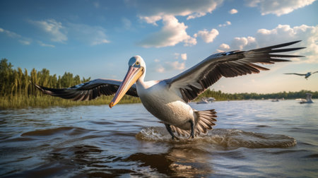 a pelican gracefully glides through the water, surrounded by fish, captured in a mesmerizing time-lapse photograph. the image showcases the unique style of the danube school, with its nature-inspired imagery and energetic gestures. the light brown and navy tones add depth and richness to the composition, while the wide-angle lens captures the scene in stunning detail. shot with a nikon af600. ai generatedの素材