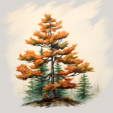 an autumn tree showcasing vibrant orange leaves, captured in a realistic landscape style. the image features soft, tonal colors and intricate character design, evoking a romanticized depiction of the wilderness. created by an ink wash painter, this 2d game art illustration exhibits a balanced asymmetry in its composition. ai generatedの素材