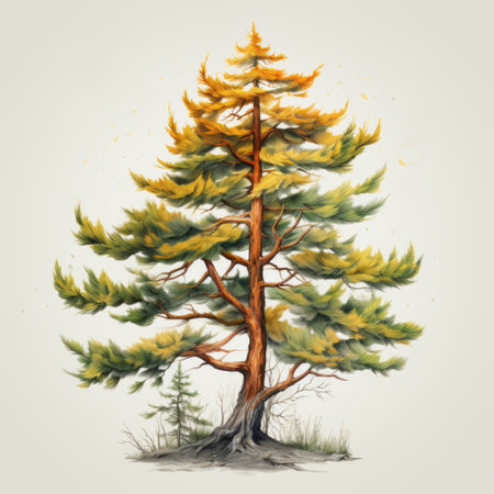an ornamental pine tree illustration in hyper-realistic style, featuring light yellow and amber tones. this large format film artwork showcases accurate fauna and flora details, reflecting the vancouver school's influence. the hikecore aesthetic is evident in the intricate portrayal of nature, capturing the essence of the pine tree with precision and artistry. ai generatedの素材