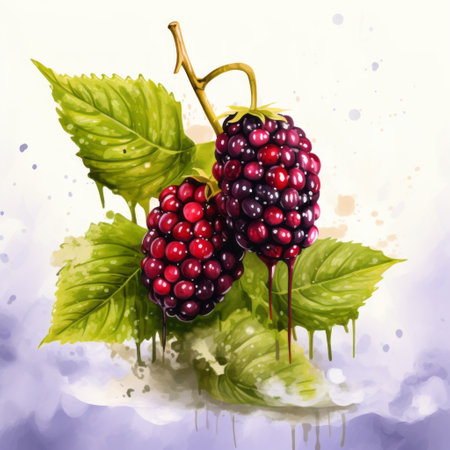 blackberries with green leaves are showcased on a white background, resembling a speedpainting. the vibrant colors of dark red and light purple create a melting effect, while the realistic landscapes add depth. the smokey background enhances the charm of the illustrated advertisements, making them visually captivating. ai generatedの素材