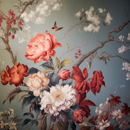 a majestic painting of a floral design, portraying a chinese traditional style, adorns the dining room or home. the baroque chiaroscuro technique creates spectacular backdrops, while the combination of light red and sky-blue hues adds vibrancy. birds, flowers, and nature motifs are intricately woven into this artwork, exuding a sense of romanticism and grandeur. ai generatedの素材