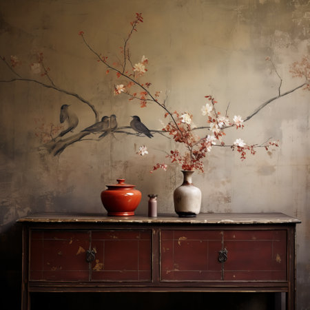 rusty red chest of drawers featuring traditional chinese painting style with moody, tranquil scenes, murals, and wall drawings. muted tonality, birds, flowers, tabletop photography create a serene, peaceful ambiance. ai generatedの素材