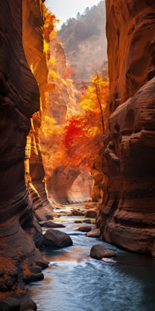 a vibrant canyon of orange trees in the iconic grand canyon, captured in the artistic style of oliver wetter. the scene showcases a mesmerizing blend of red and amber hues, enhanced by the luminosity of water. with a low depth of field, this photograph evokes the beauty of japanese-style landscapes, offering a photo-realistic depiction of multicolored natural wonders. ai generatedの素材