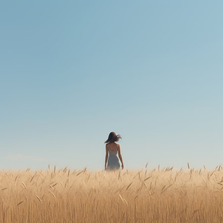 a girl stands in the middle of a wheat field, surrounded by soft, romantic landscapes. the photograph captures the minimalist starkness of the scene in 8k resolution, showcasing the dark white and sky-blue hues. the 32k uhd quality adds photographically detailed portraitures to the overall composition, enhancing the beauty of the romantic landscapes. ai generatedの素材