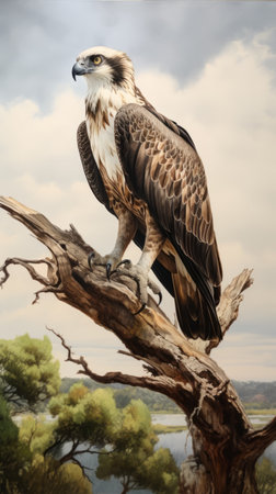 a majestic brown eagle perches on a tree branch in this hyperrealistic artwork. inspired by marine life, the large-scale painting captures the intricate details of the eagle's feathers. created by barthel bruyn the younger, this stunning piece showcases the talent of bryan hitch, the contest winner. the australian landscape serves as the backdrop for this captivating polychrome sculpture. ai generatedの素材